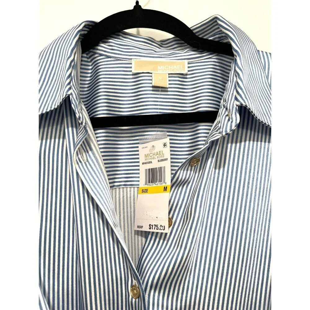 Michael Kors Blue White Striped Button-Down Tie-Waist Midi Shirt Dress M NWT